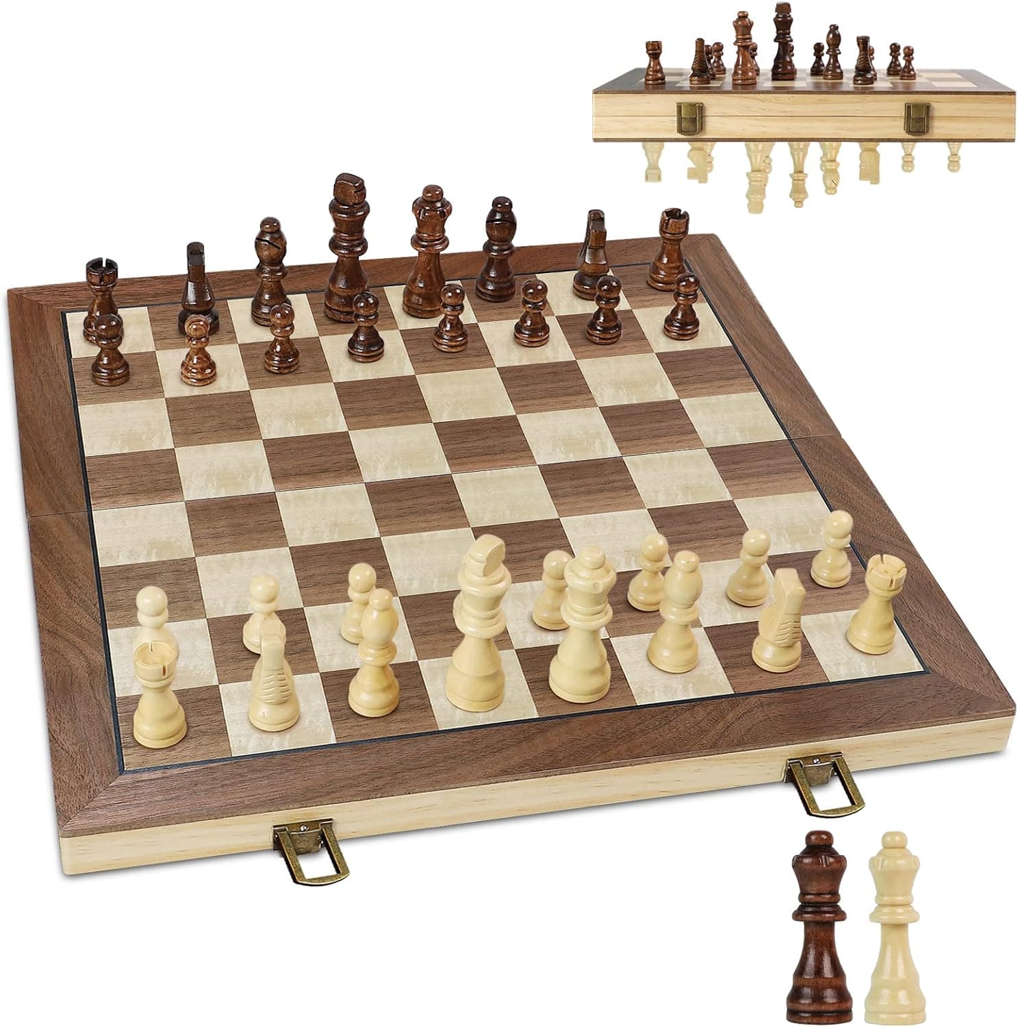 LEAP Magnetic Wooden Chess Sets 15 inch Foldable Chess Board 3 inch King Height Chess Pieces Travel Chess Sets, Chess Board Set with 2 Extra Pieces and Storage Slots for Adults
