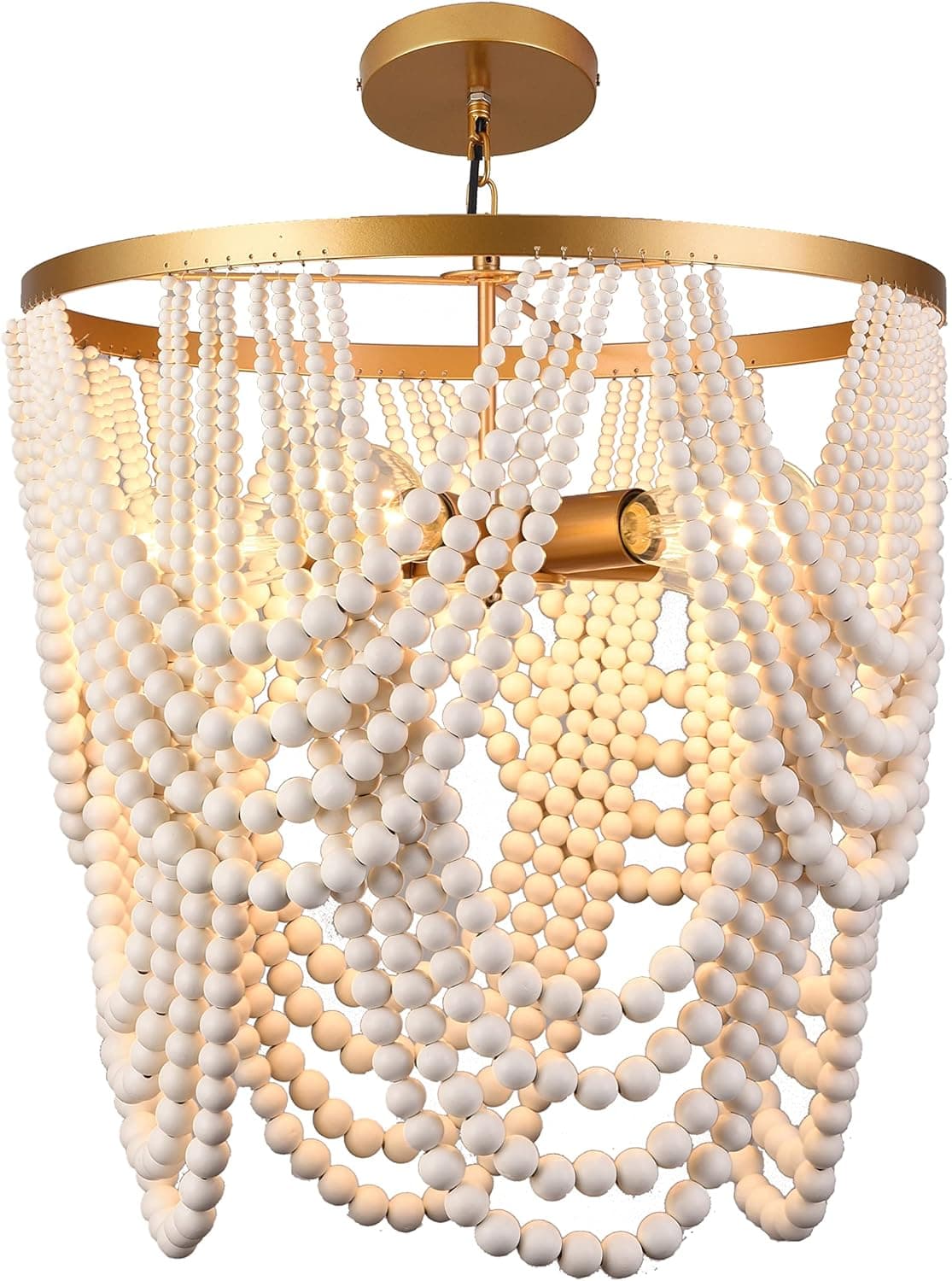 Bohemia Wood Beaded Chandelier Boho Chandelier Gold and Oak Finish Beaded Light Fixture for Dining Living Room,Bedroom, Nursery Room, Girl Room, Hallway, Entryway, Passway, 5-Light