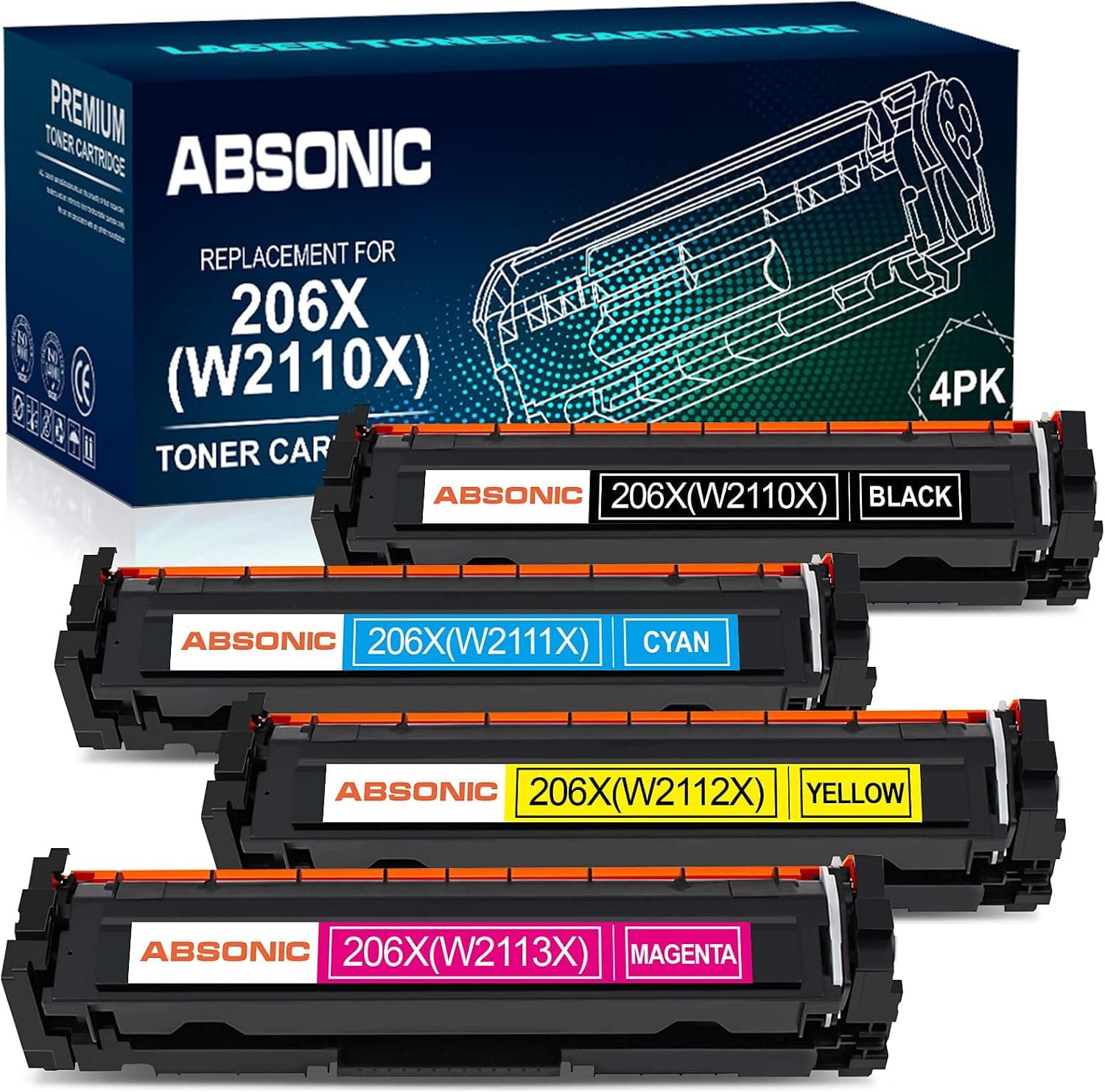 Absonic Compatible Toner Cartridge Replacement for HP 206X 206A for HP Color Laser Jet Pro M255dw M255 MFP M283cdw M283fdw M283 Printer Toner (Black Cyan Yellow Magenta, 4-Pack)
