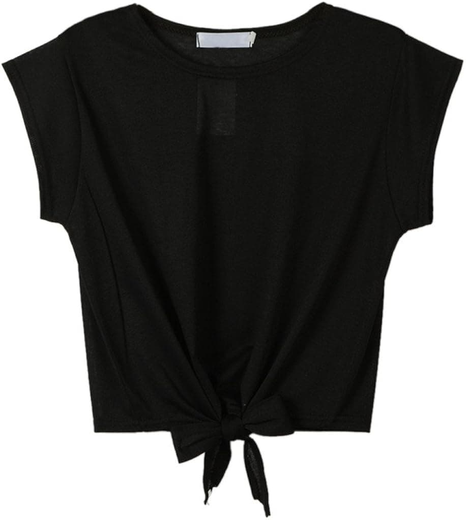 Women's Gray/White Summer Tie Front Short Sleeve Round Neck Crop Top
