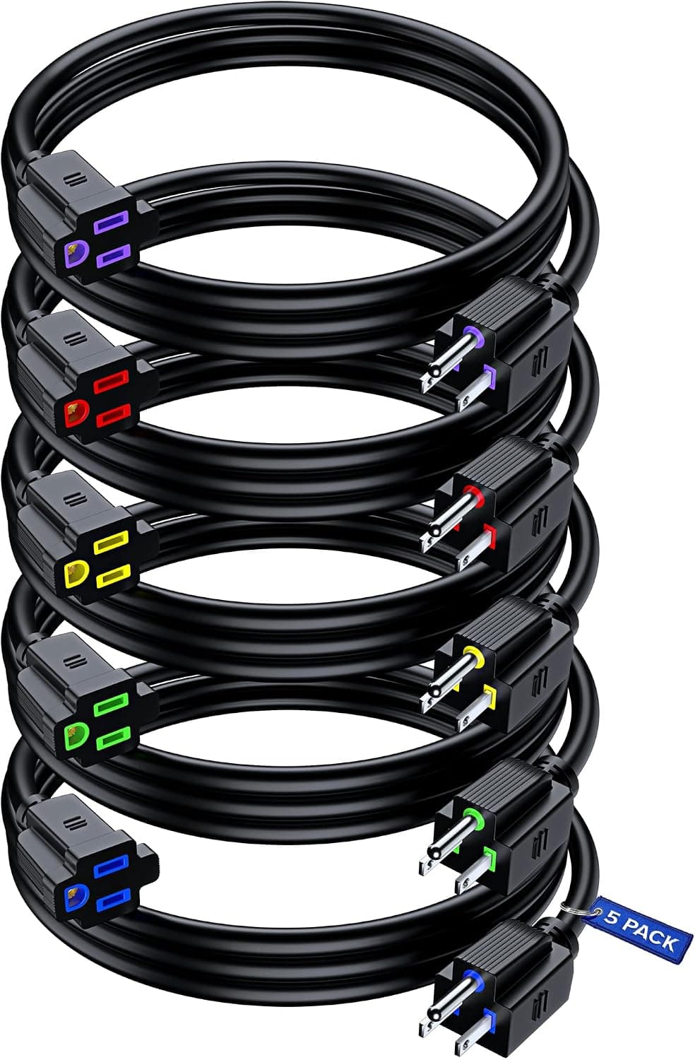 Maximm Short Extension Cord 3 Feet Black Heavy Duty Extension Cord, 3 Prong Indoor Small Extension Cord 16AWG (5 Pack, Black with Multi Color Indicators, 3 Ft)