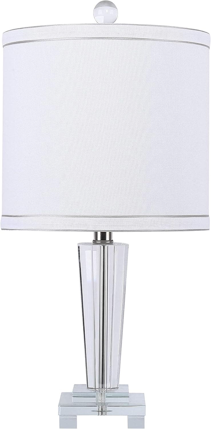 19.25" Modern Genuine Crystal Accent Lamp ft. Crystal Finial and White Linen Drum Shade with Double Silver Edged Self-Trim - Glam Lighting for The Bedroom, Living Room, and Office