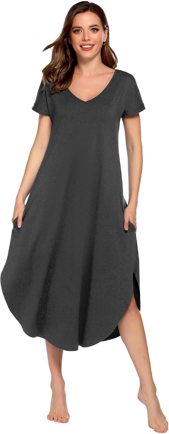 Evanhome Nightgown Women Casual Loungewear Comfy Housedress Scoop Neckline Lounge Dress Nightshirt with Pocket S-XXL