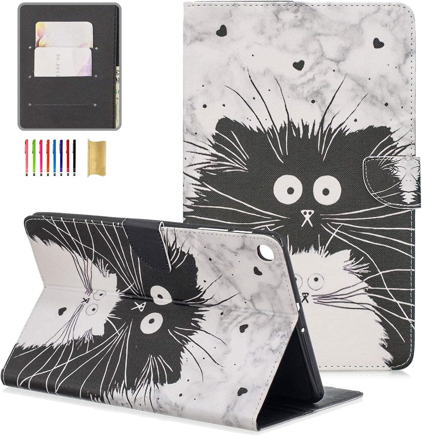 APOLL Case for Samsung Galaxy Tab A 10.1 Inch 2019 Tablet SM-T510/SM-T515, Flip Stand Slim Water Proof Magnetic Cute Case with Pocket for Samsung Tab A 10.1 SM-T510/T515 2019, Black White Cat