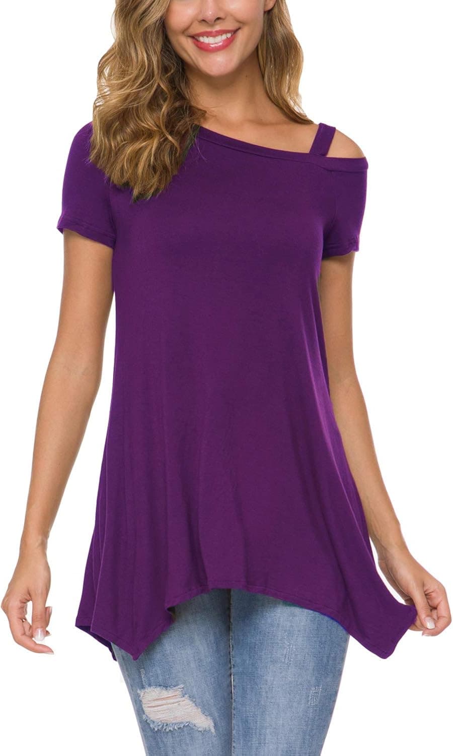 Zattcas Short Sleeve Tunics for Women Cold Shoulder Top Casual Swing Summer Tunic Shirts,Deep Purple,Medium