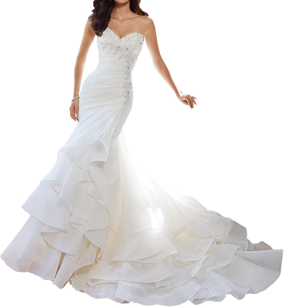 Harshori Womens Sweetheart Neckline Mermaid Gown Organza Wedding Dress 6 White