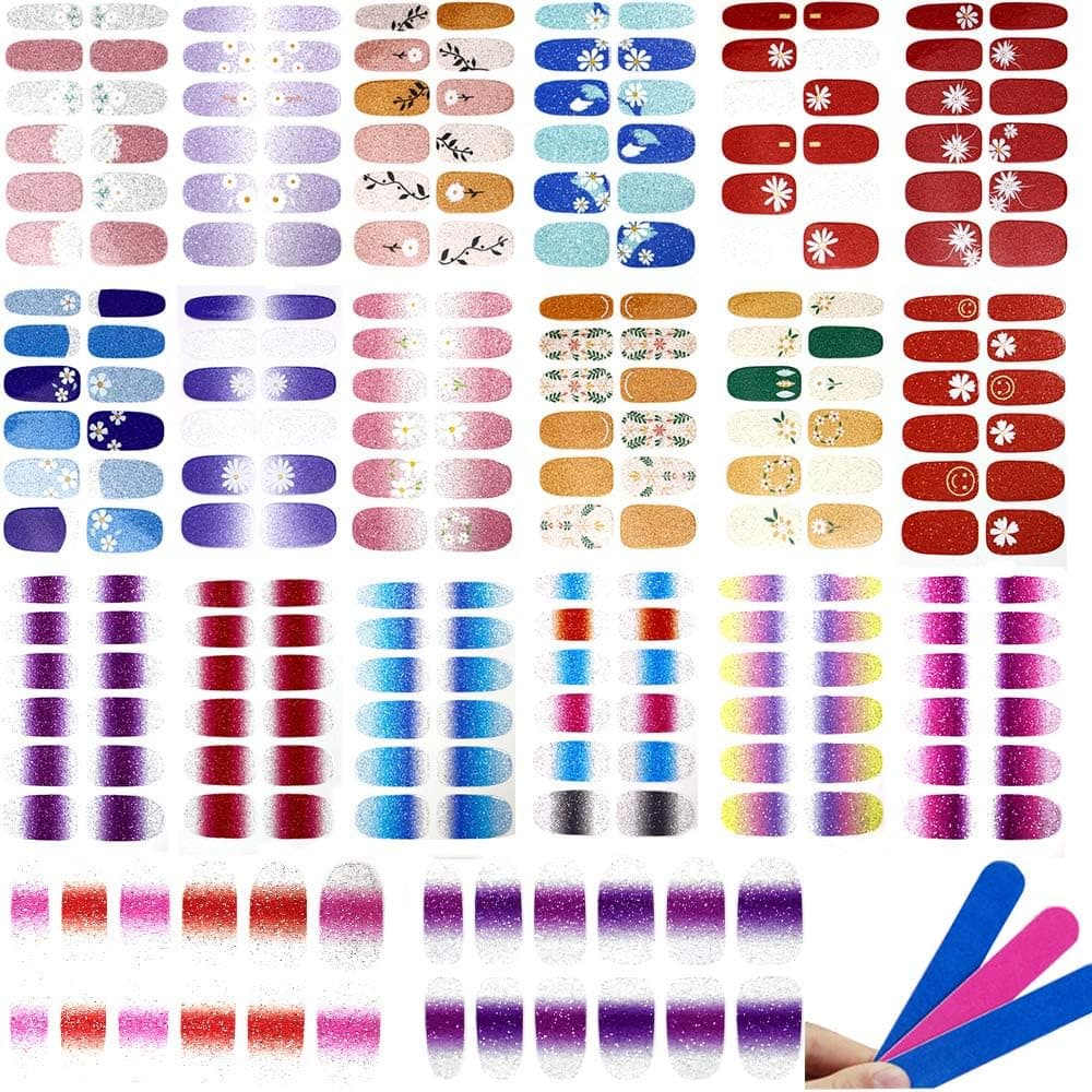 Nail Polish Sticker Full Wrap Nail Art Sticker,243 Pieces Self-Adhesive Nail Art Decal Strip,Colorful Manicure Kits Nail Decals with Nail File for Women DIY Nail Decoration Supplies（20 Sheets ）