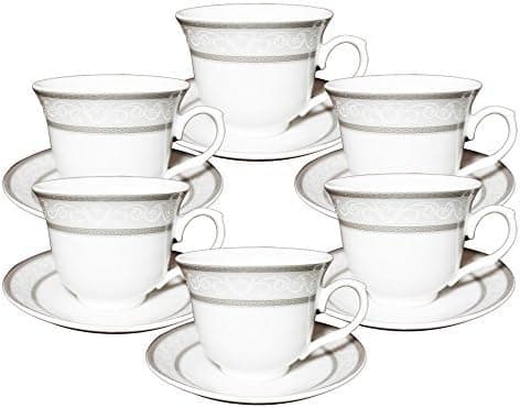 Imperial Gift G1276A-12 Set of 12 Silver Wreath Design Tea Cup &amp Saucer Set for 6 Person Gift Boxed, 13 x 13 x 5&quot
