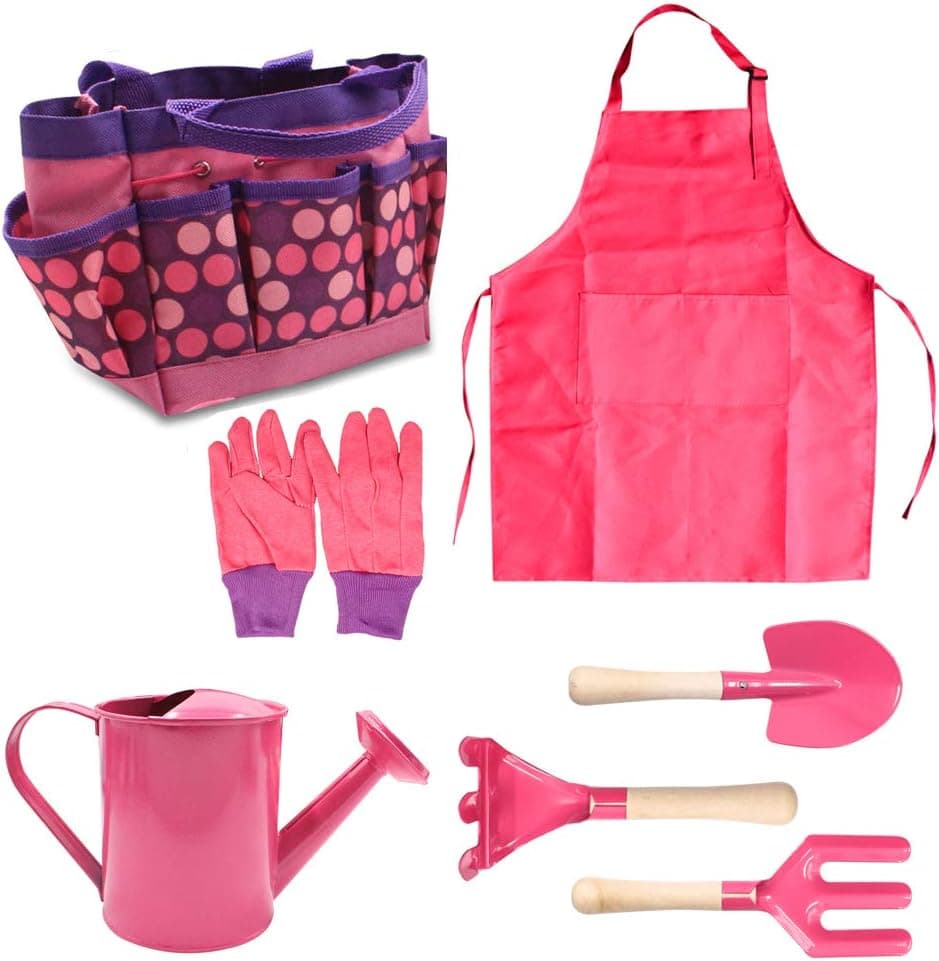 FINEX Pink Children's Gardening Wooden Handle Tools Set with Apron Watering Can Cotton Gloves Metal Heads Rounded Edges Shovel Rake Fork Carrying Tote Bag for Kids