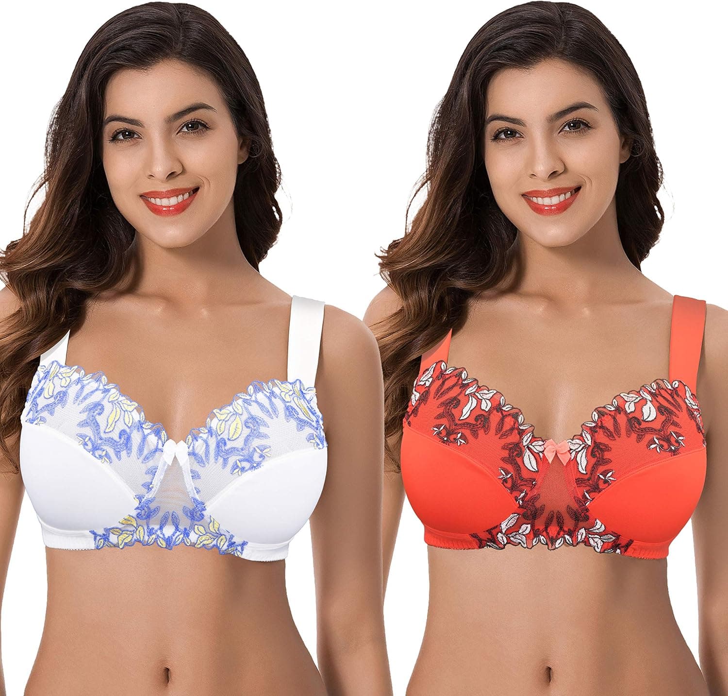 Curve Muse Women's Plus Size Minimizer Wireless Unlined Bra with Embroidery Lace-2Pack-Buttermilk,Cherry Tomato-44C