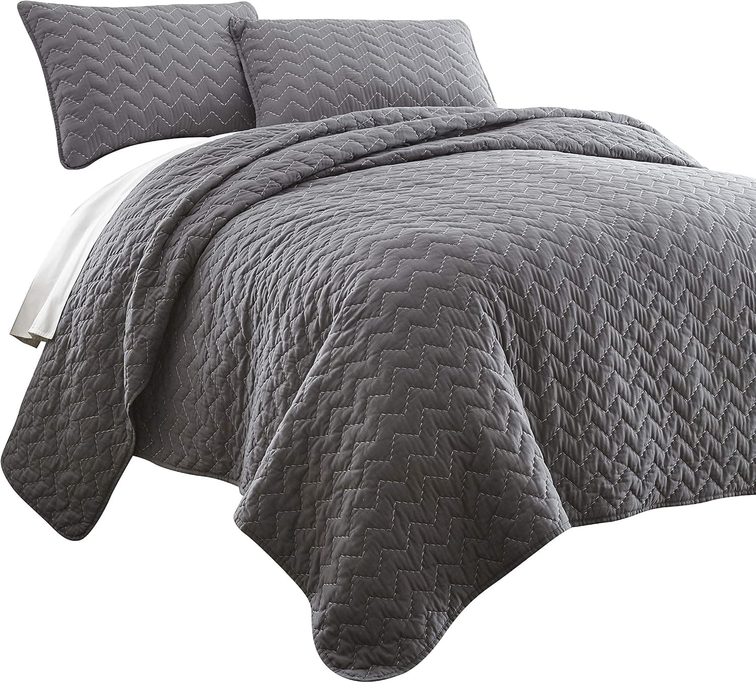 Chezmoi Collection Wesley 3-Piece Pre-Washed Chevron Quilt Set (Queen, Gray)