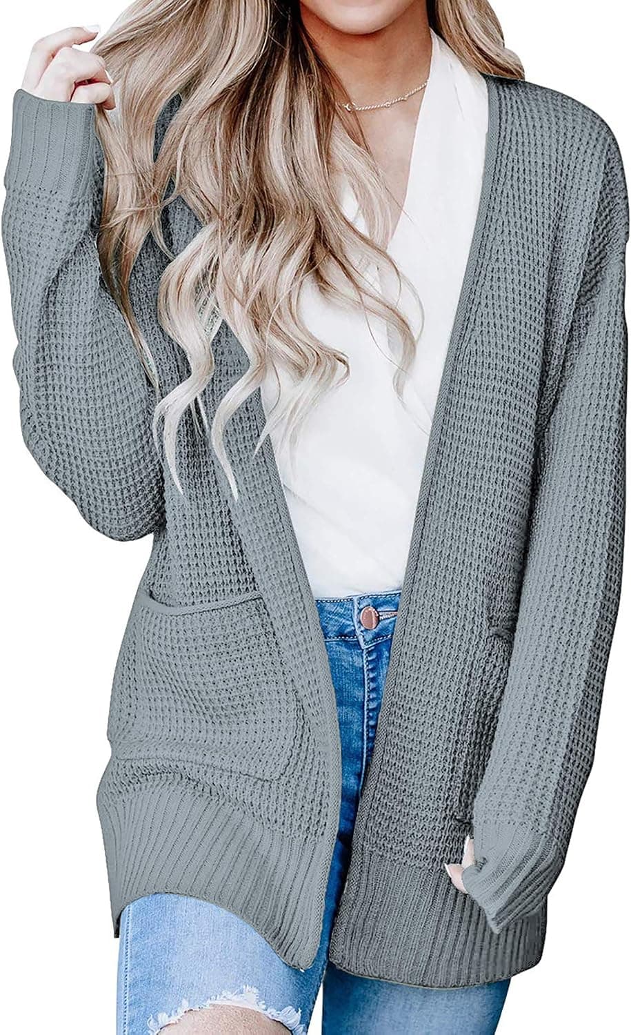 BTFBM Women Open Front Long Sleeve Casual Plain Knit Pockets Ribbed Hem Cuffs Side Slits Long Chunky Sweater Cardigan