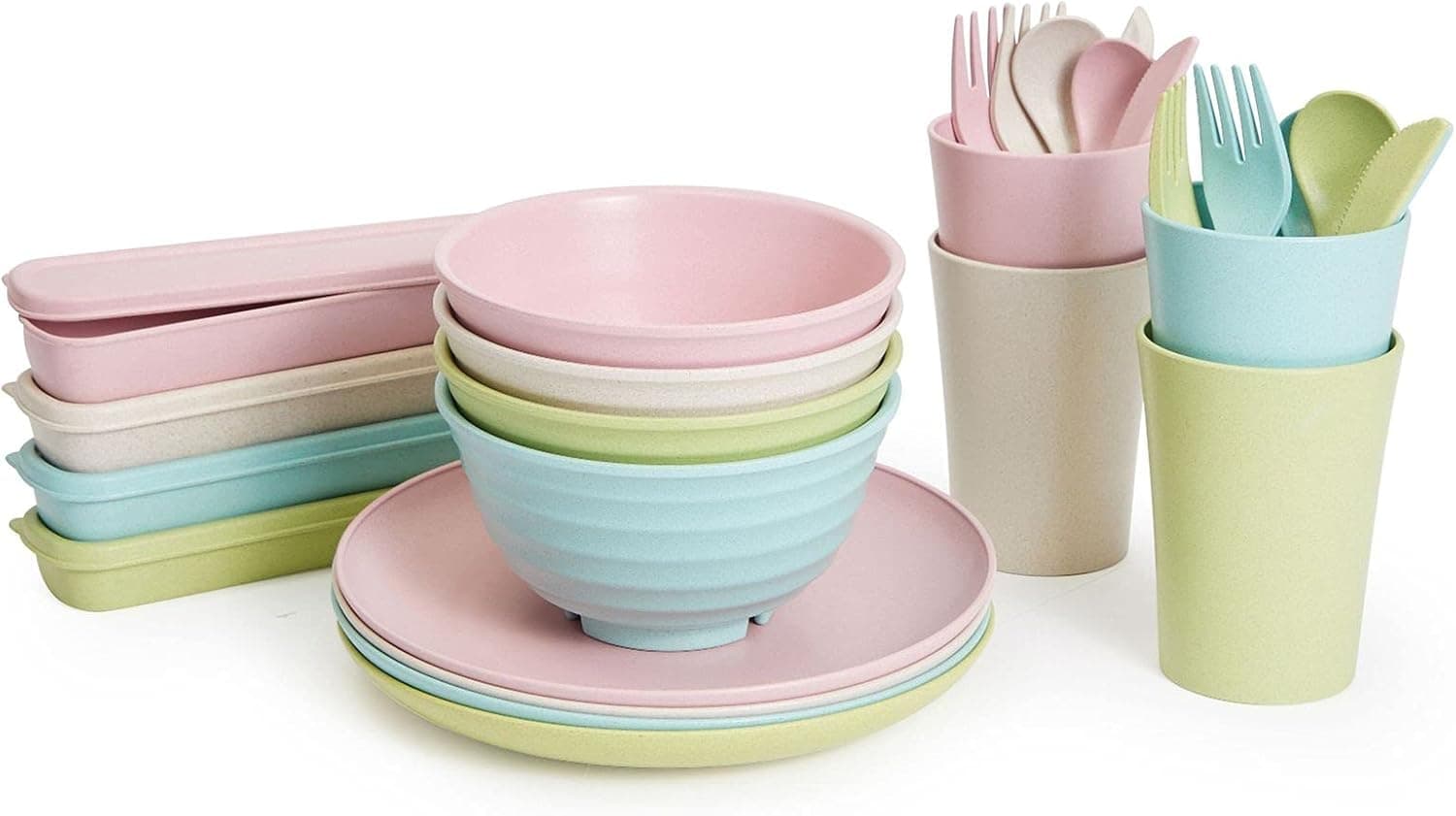 Wheat Straw Dinnerware Set for 4, Cups, Plates, Bowls, Cutlery, Utensil Holders (28 Piece Set)