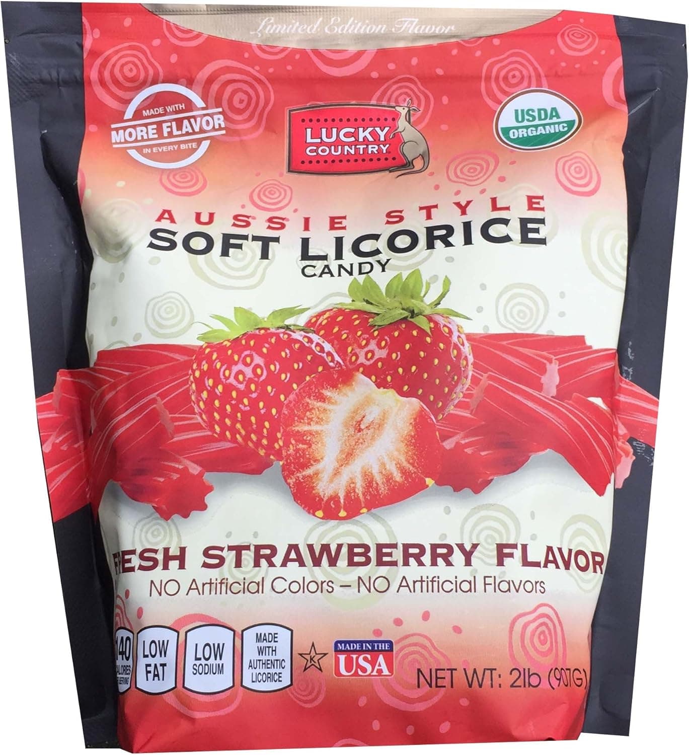 Lucky Country Aussie Style Soft Licorice Candy, 2 Pound - USDA Organic (Fresh Strawberry)