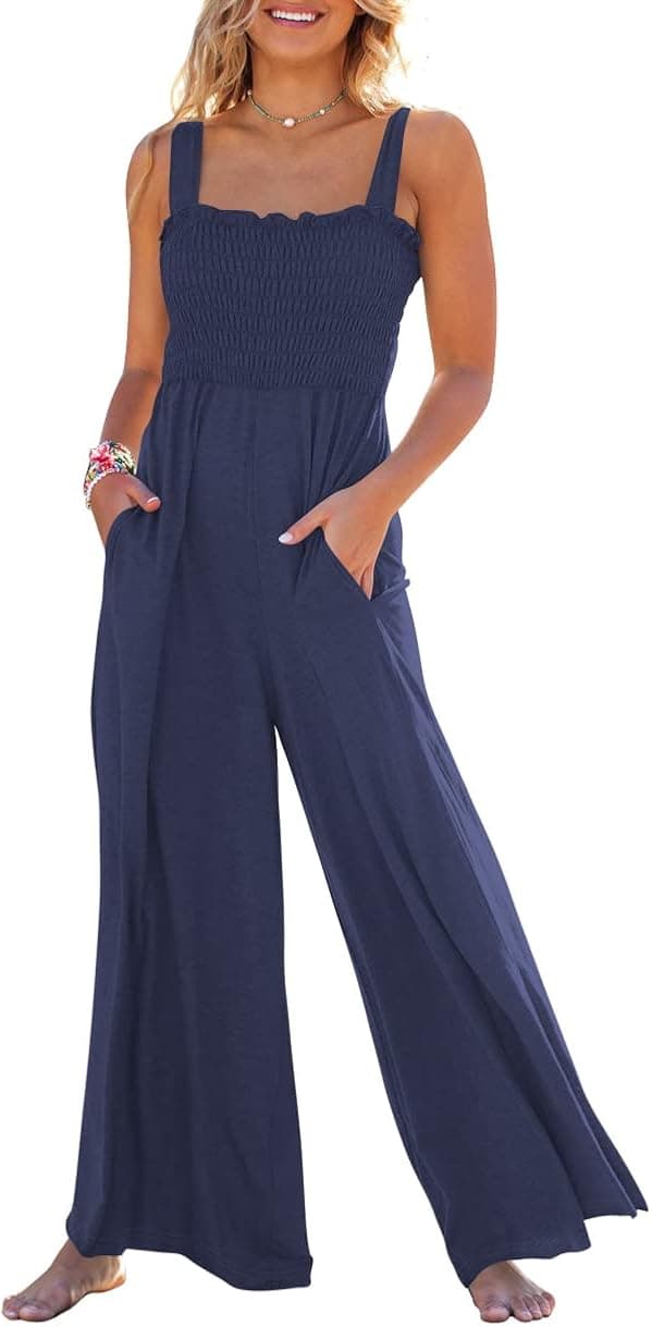 Caracilia Womens Casual Loose Sleeveless Tank Jumpsuits Square Collar Smocked Wide Leg Jumpsuit Rompers with Pockets