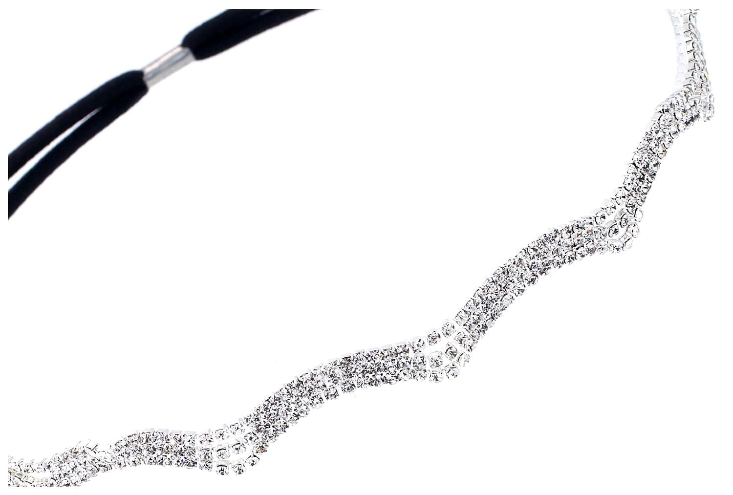 Elastic Silvertone Headband with 3 Rows of Sparkling Crystals in an Elegant Wave Design