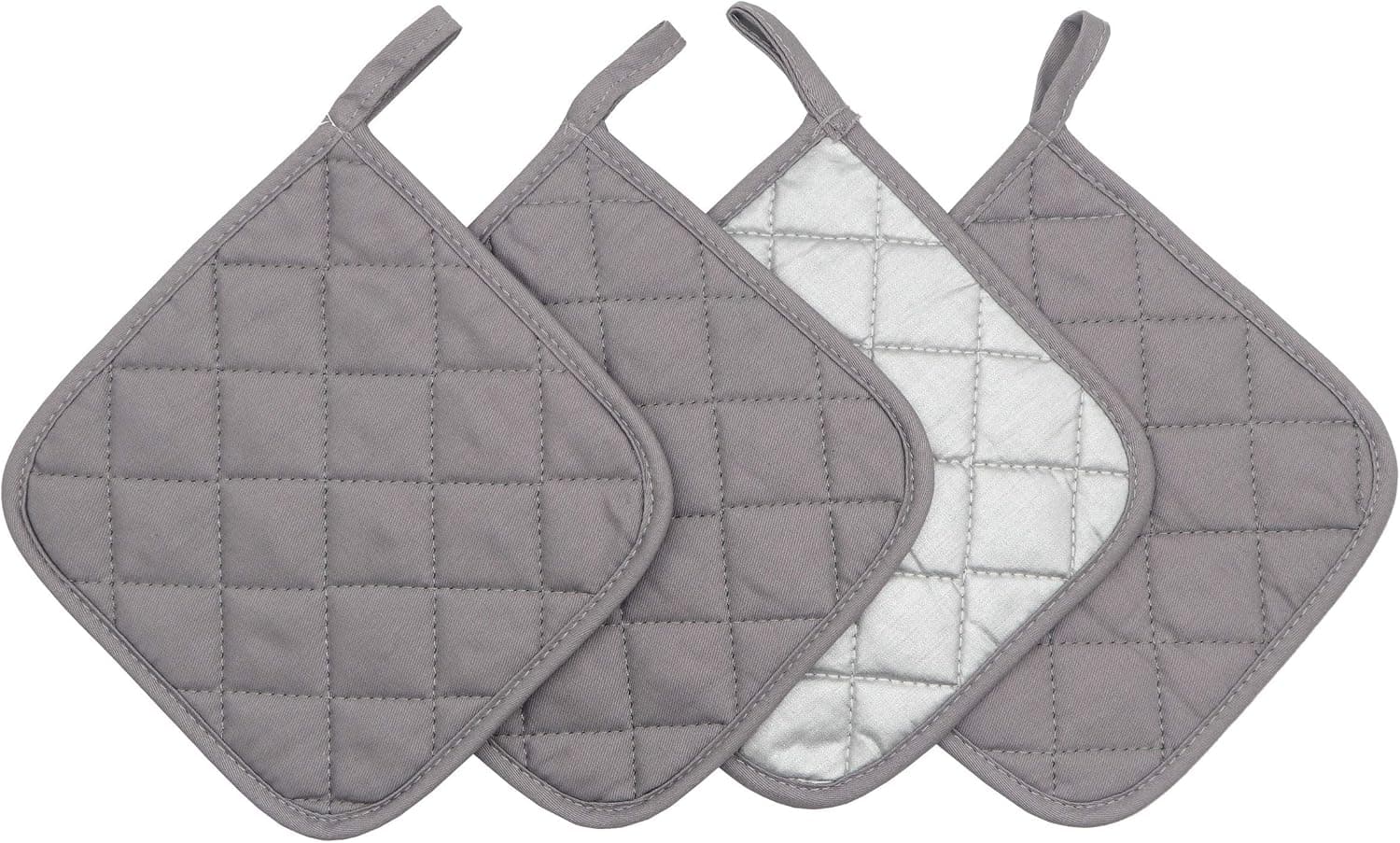 Cotton Heat Resistant Pot Holders, Everyday Kitchen Basic Square Solid Color Pot Holder, Multipurpose Quilted Hot Pads for Cooking and Baking Set of 4 (Grey)