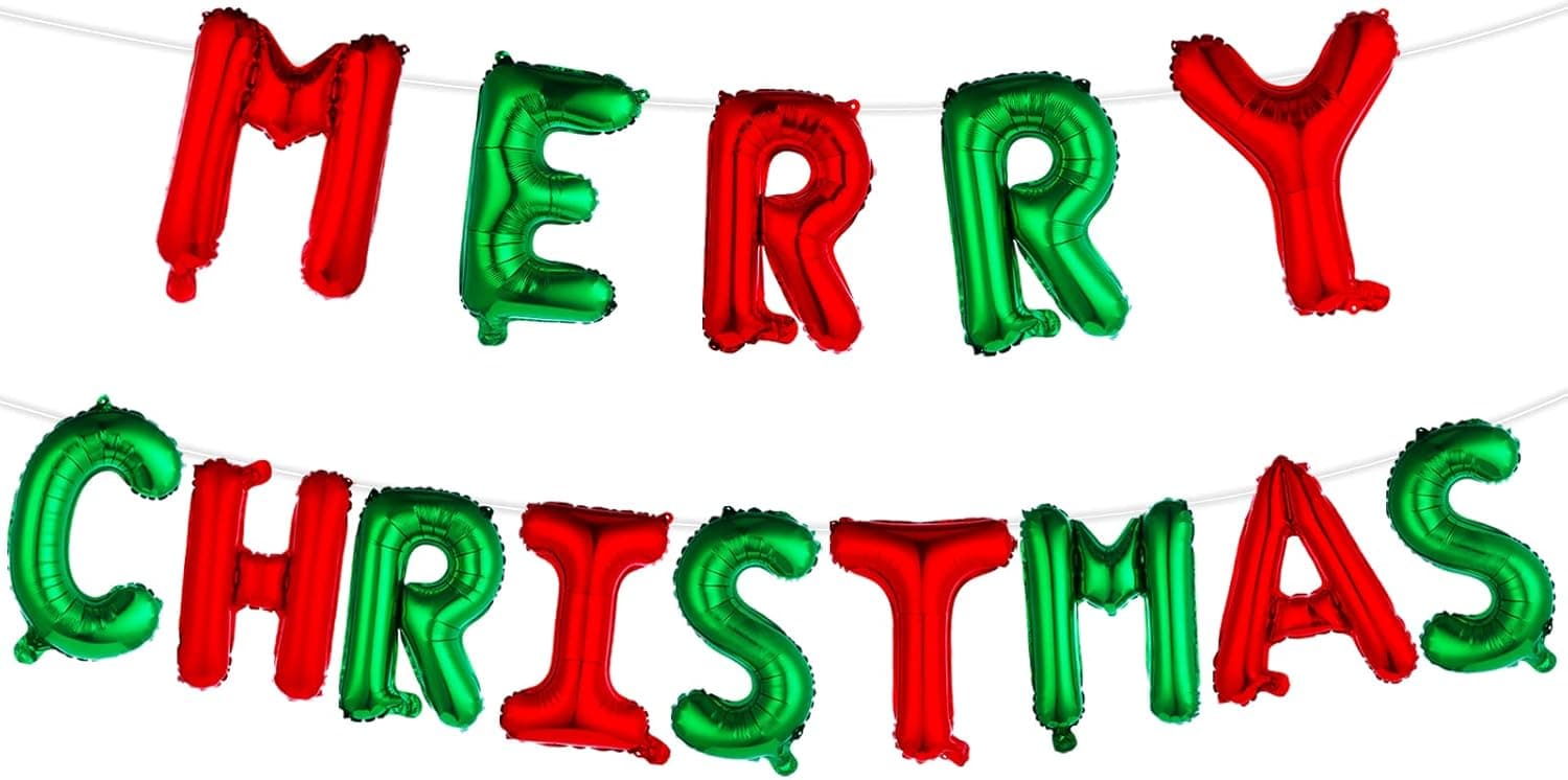 Grevosea Merry Christmas Balloon Banner, 16inch Merry Christmas Letter Balloons Christmas Party Decorations Foil Balloons for Xmas Party Supplies Indoor Outdoor Decor