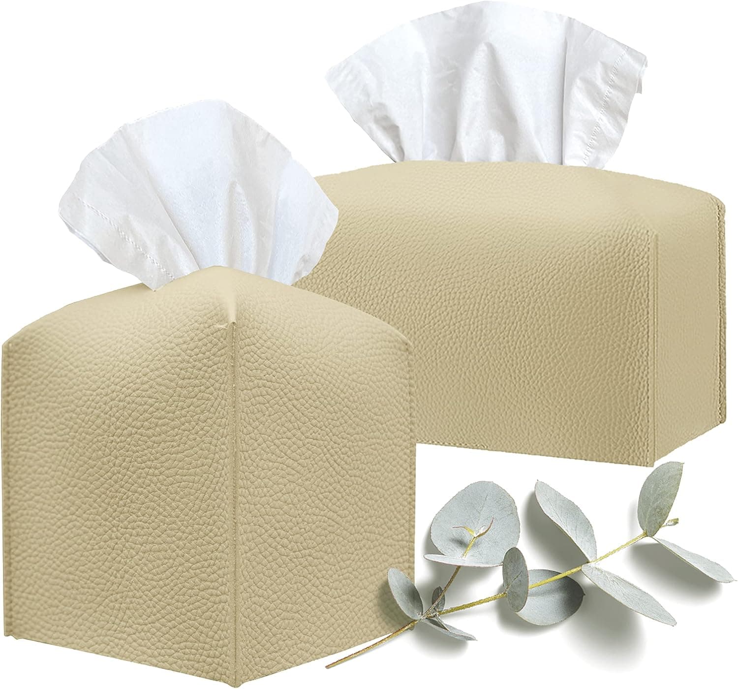 GoGift Tissue Box Cover - Set of 2 Leather Rectangular and Square Cute Holder for Modern Vanity or Office Decor Decorative Set, Beige