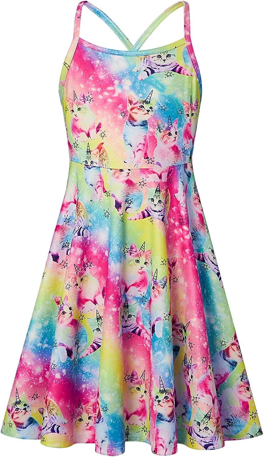 RAISEVERN Girls Sundress Cami Dress Casual Above Knee Summer Floral Printed Dresses Backless Cross Straps Outfits Size 4-13