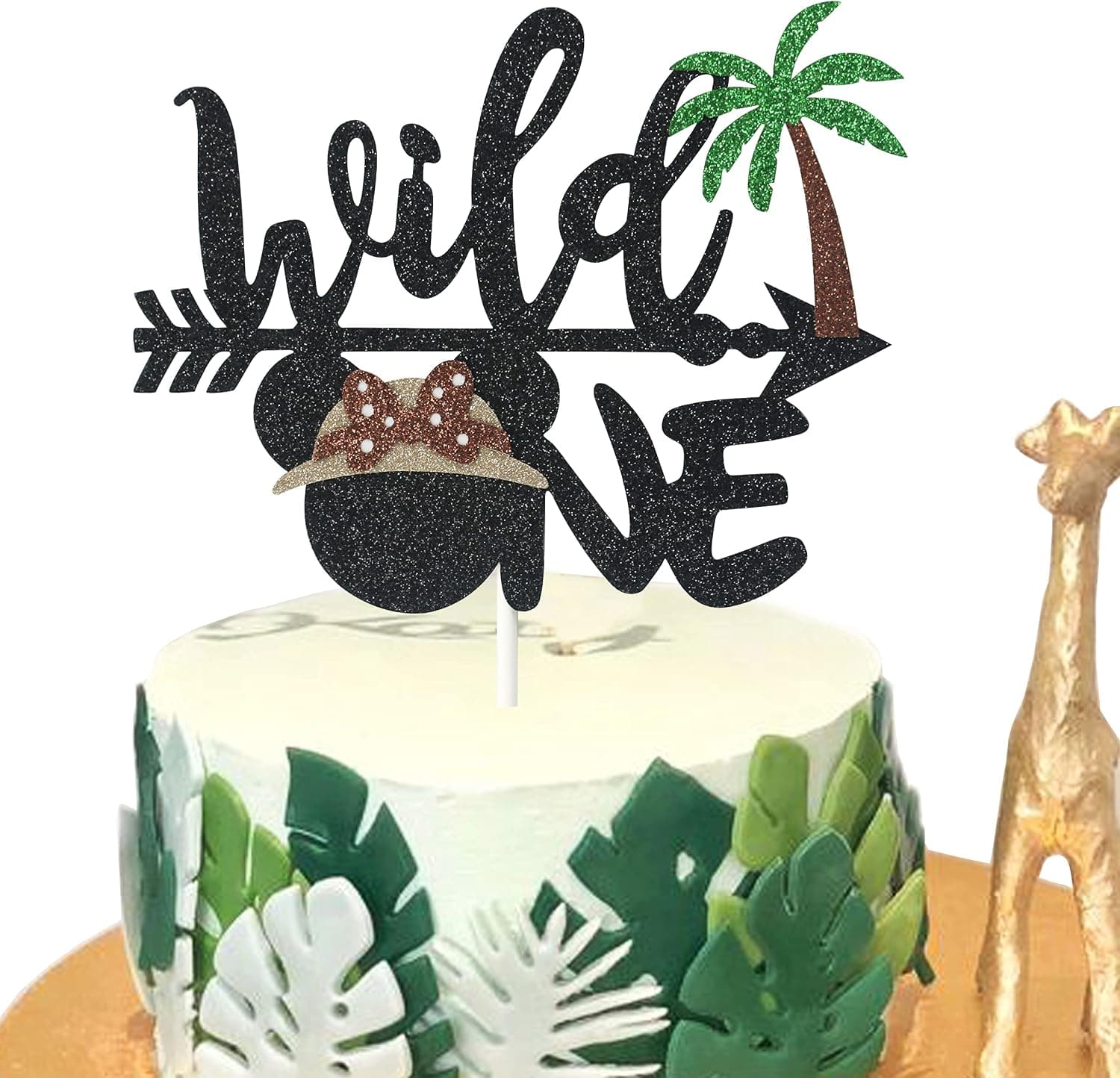 Minnie Safari Wild One Birthday Cake Topper, Minnie Safari First Birthday Cake Decorations Let's Go Wild Jungle Safari Party Cake Decor for One Year Old Baby Girl，Glitter