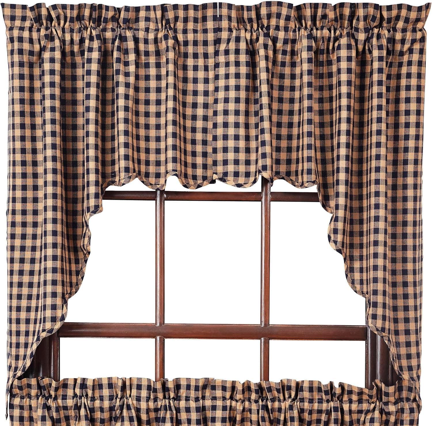 VHC Brands Navy Check Lined Rod Pocket Swag in Blue and Tan (Set of 2)