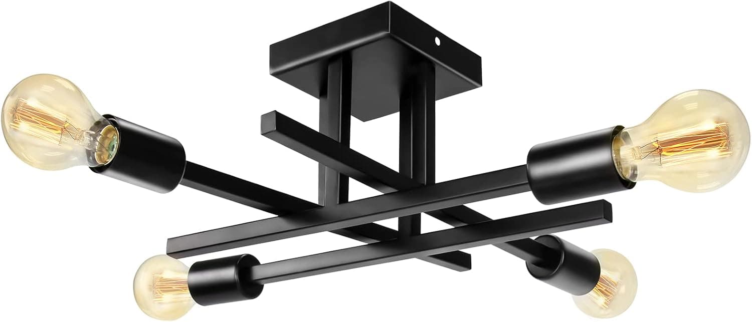 Close to Ceiling Light Fixture, 4 Lights Bedroom Lights for Ceiling Modern Industrial Black Metal Flush Mount Lighting Fixtures for Kitchen Porch Laundry Room (Bulbs Not Included)