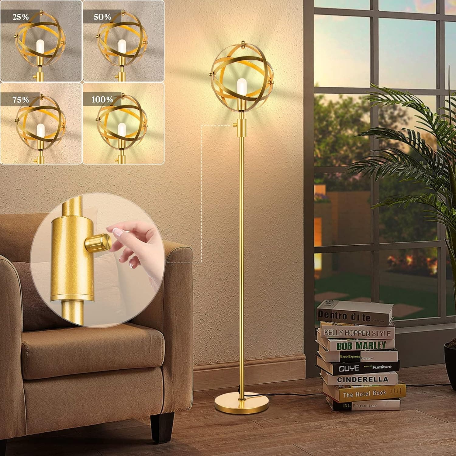 Gold Floor Lamp 0%-100% Dimmable Industrial Floor Lamp Gold Spherical Standing Lamp with 3000K Warm White Soft Brightness, E26 LED Bulb Included Globe Floor Lamp for Living Room/Bedroo/Sofa Conerm