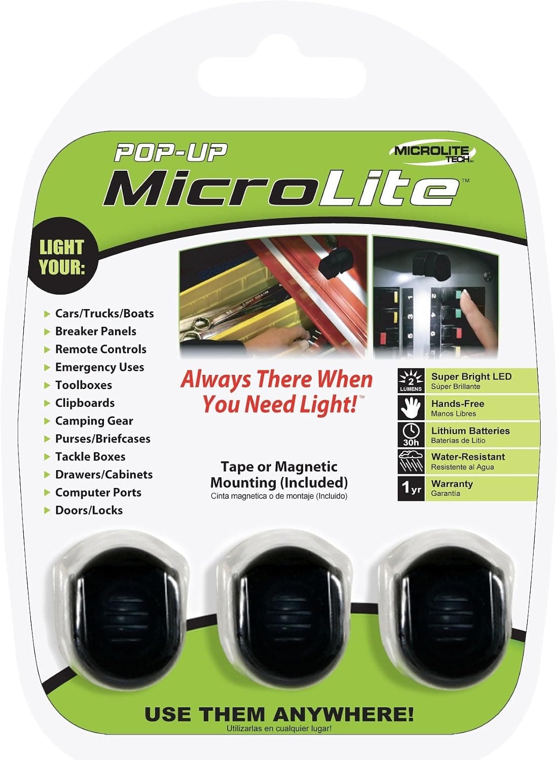 MicroLite Tech PML3B Pop-Up Hands-Free Miniature LED Lighting Device, Black, 3-Pack