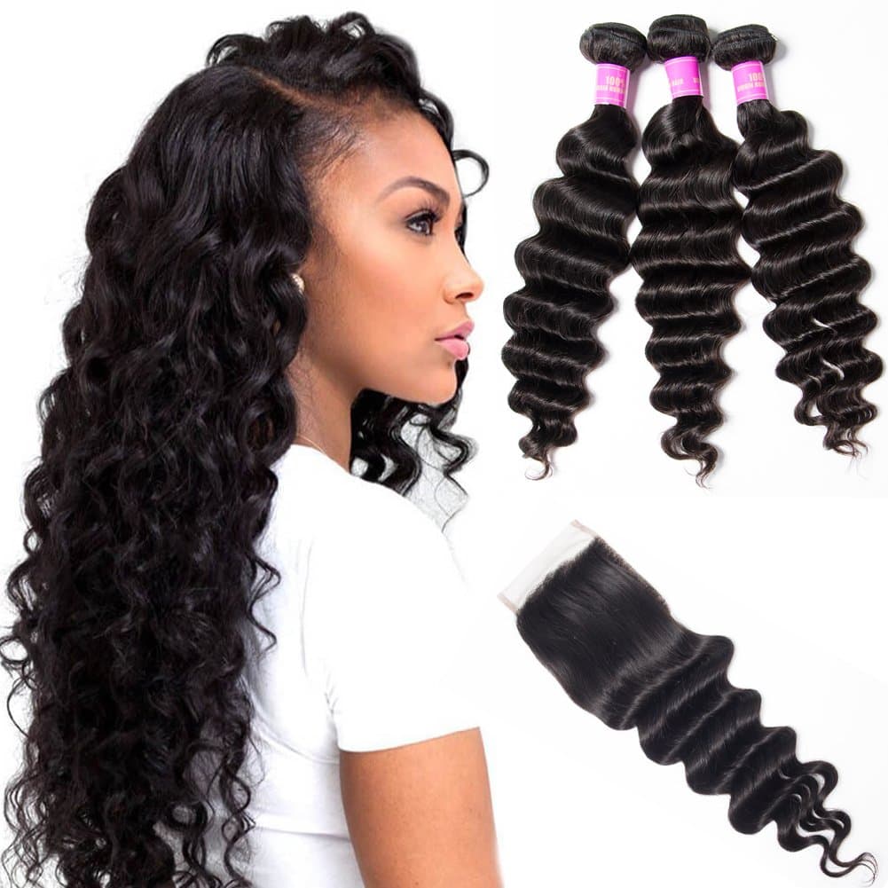 Star Show Hair Loose Deep Wave Bundles with Closure 100% Unprocessed Human Hair Extensions Weave Natural Color(22 24 26 with 20 Free Part Closure)