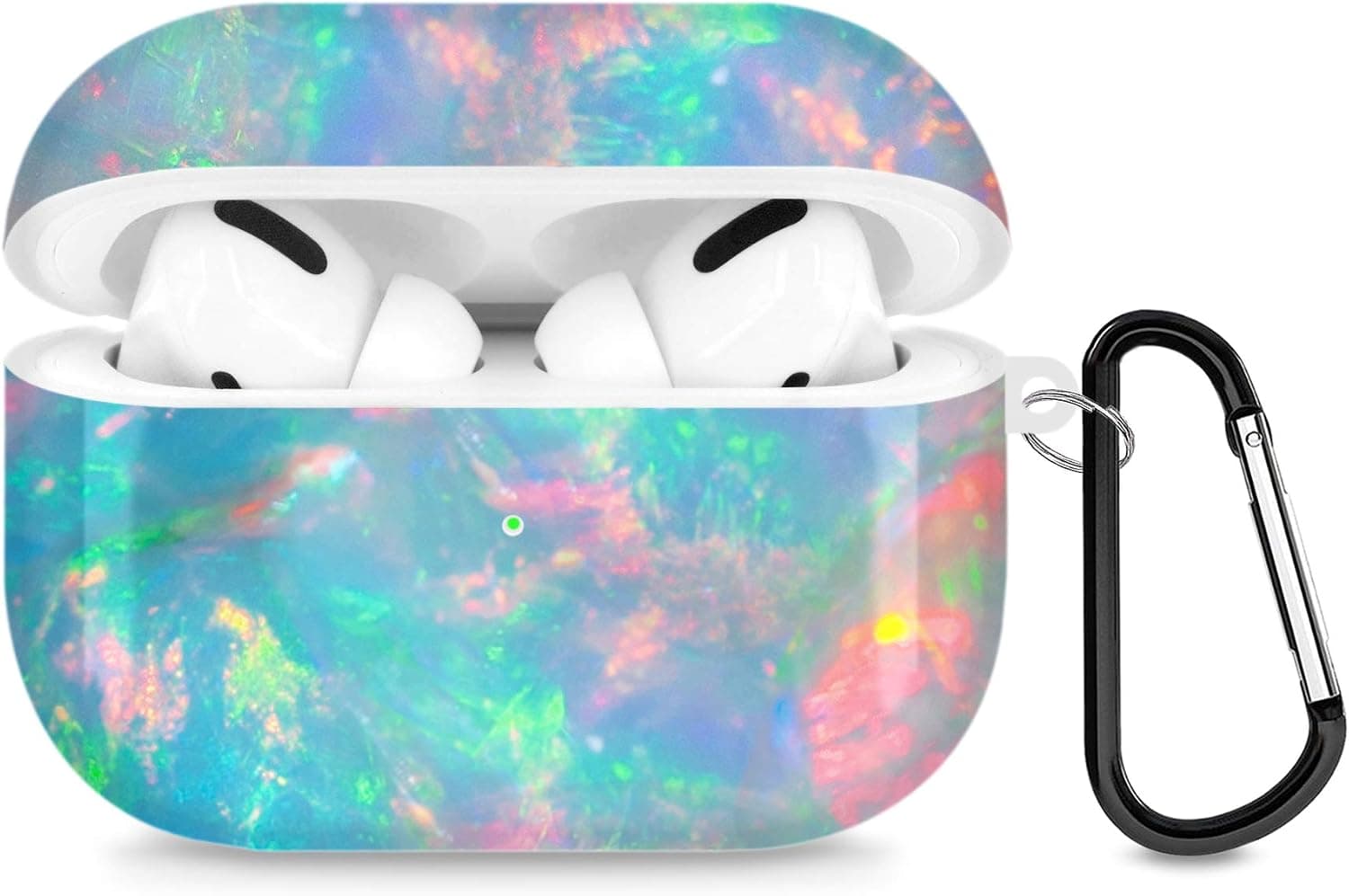 A-Focus Compatible with AirPods Pro Case Opal Blue, Green Blue Opal Marble Texture Smooth IMD Design Series Shock Proof Flexible TPU Rubber Cover Case with Carabiner for AirPods Pro Glossy Colorful
