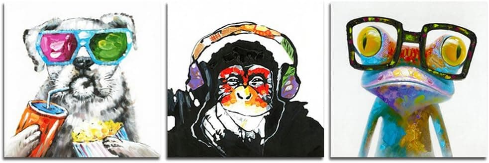 CrmArt - 3 Panels Abstract Patchwork Painting Wall Art - Music Monkey Happy Dog Happy frog - Canvas Art Home Decoration - 16x16 inches