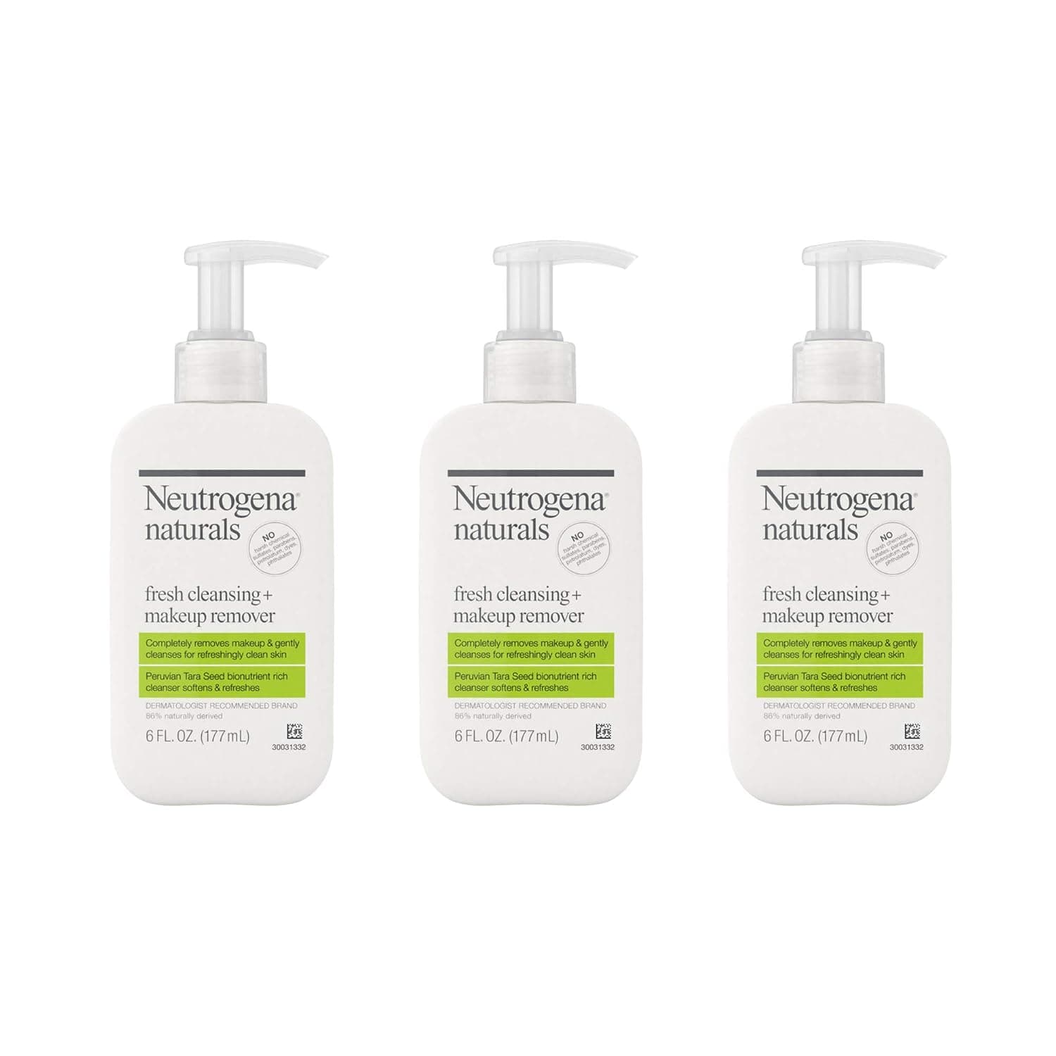 Neutrogena Naturals Fresh Cleansing Daily Face Wash + Makeup Remover with Peruvian Tara Seed, Hypoallergenic, Non-Comedogenic and Sulfate-, Paraben- and Phthalate-Free, 3 x 6 fl. oz