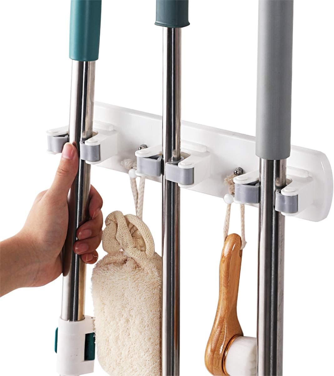 WAVALP Broom Holder Wall Mount with Command Hooks Heavy Duty Mops Holder Organizer with Command Strips Anti-Slip Home Storage and Organization Tool (White)