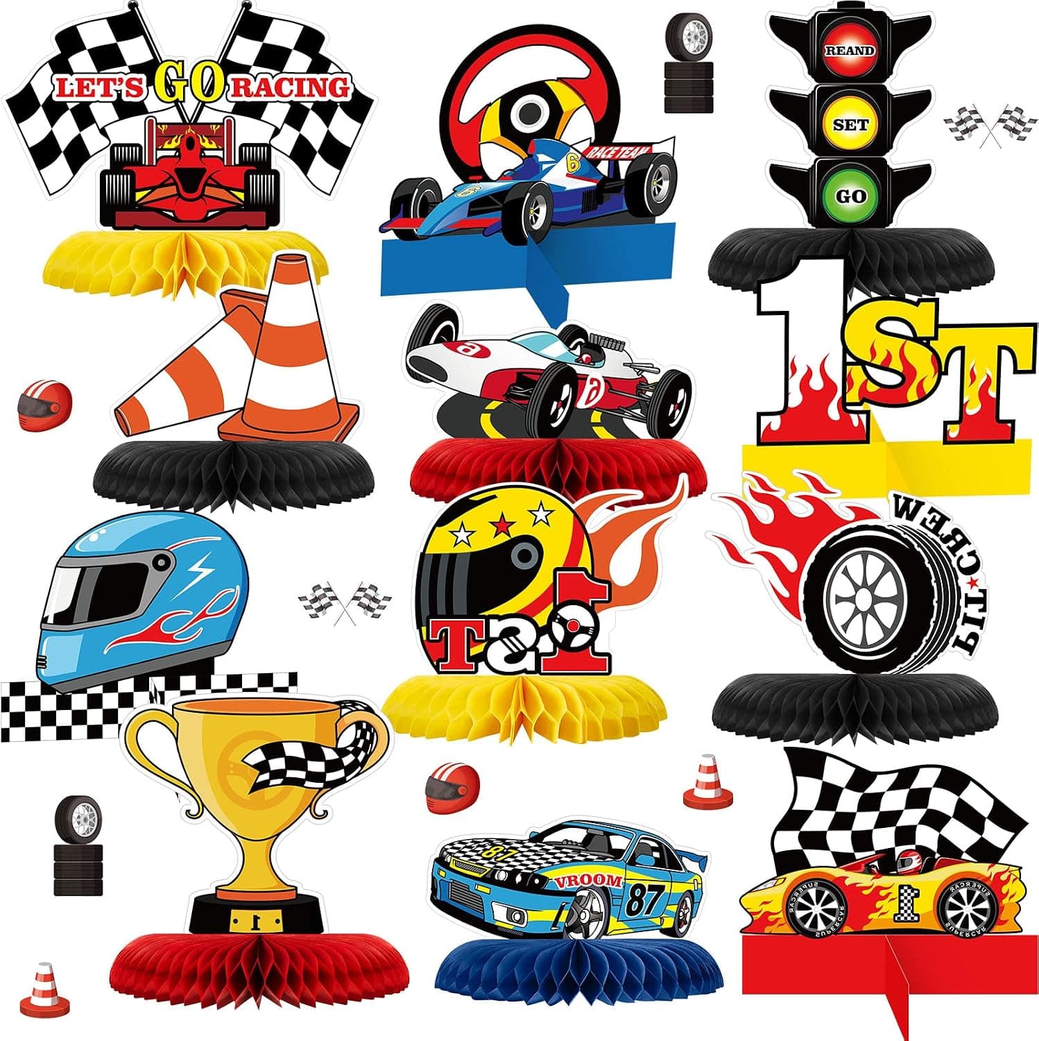 12 Pieces Race Car Party Honeycomb Centerpieces Racing Birthday Party Centerpieces Racing Car Wheels Party Table Toppers Checkered Flags Party Decorations for Baby Shower Birthday Party Decorations
