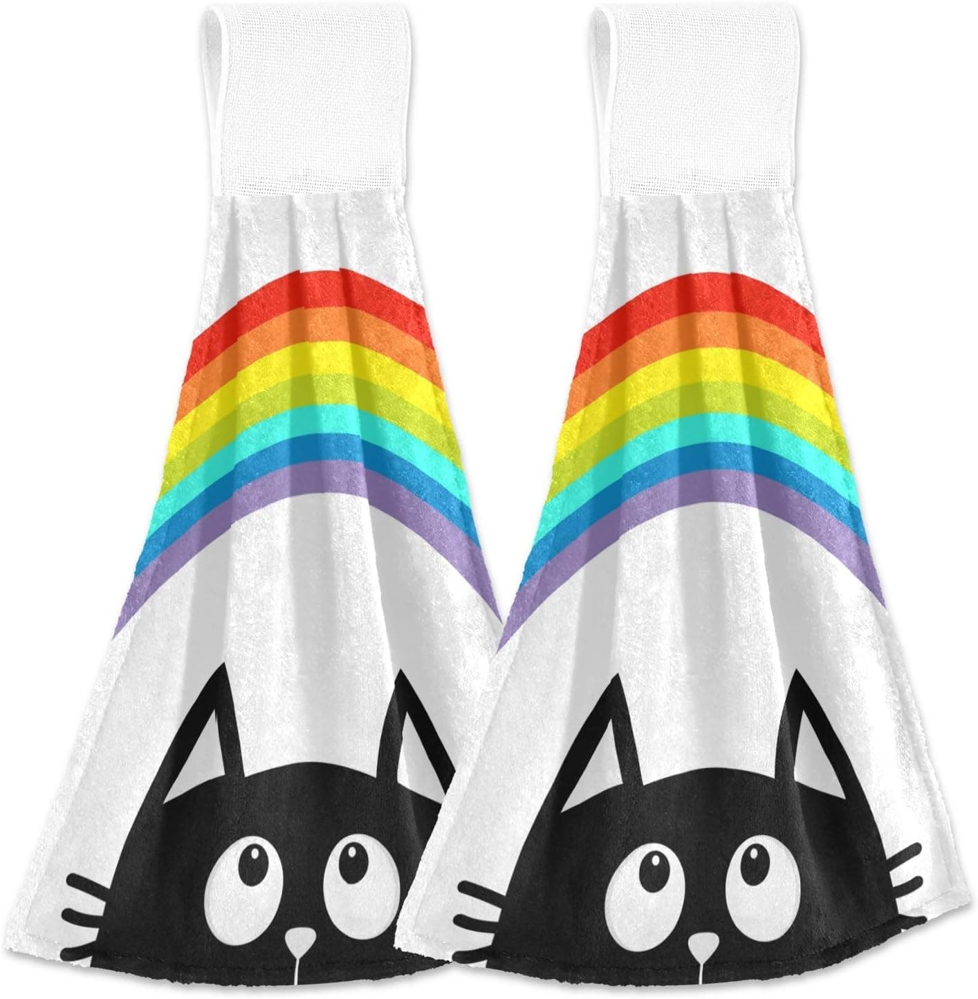 Cute Black Cat Hand Towel 2 Pack Big Rainbow Hanging Tie Towels Loop for Kitchen Dish Towel Bathroom Absorbent Washcloth