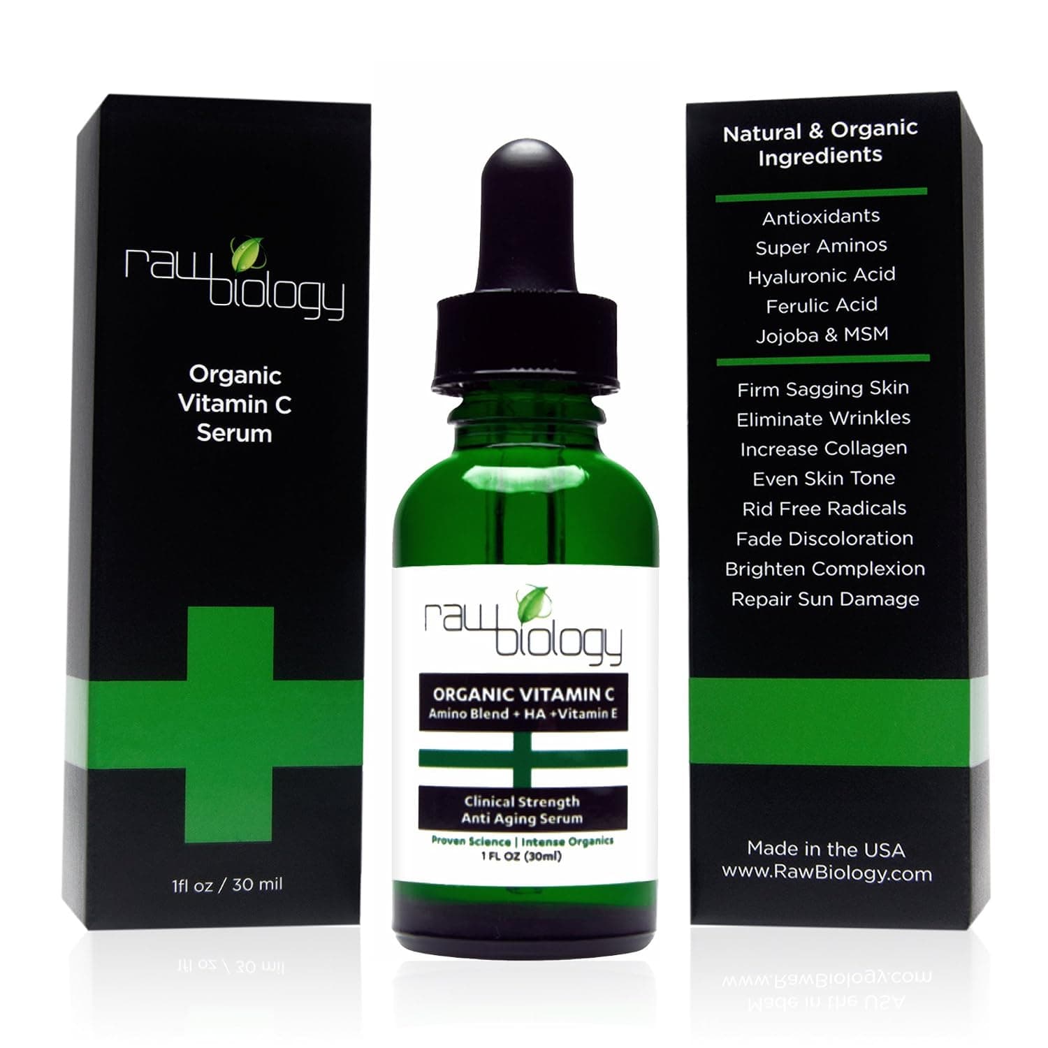 Raw Biology Organic Vitamin C Serum with Hyaluronic Acid, Clinical Strength Age Defying Formula for Your Skin