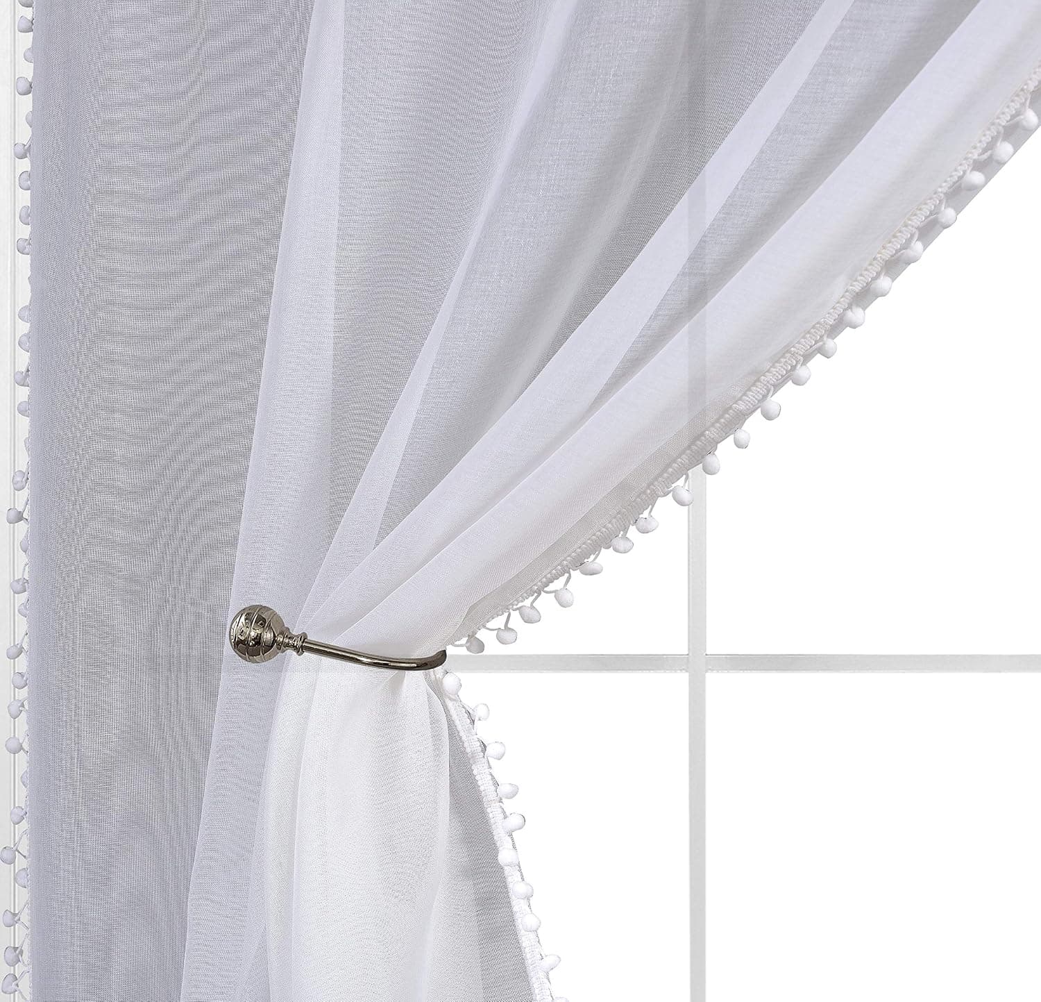 EliteHomeProducts EHP 2 Piece Linen Look Pom Pom Tasseled Semi-Sheer Curtains, Rod Pocket Panel Pair,Great for Living Rooms, Bedrooms & More (White, 52" X 84")
