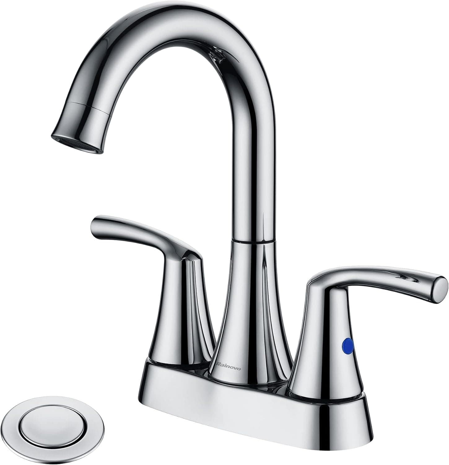 Rainovo 2 Handle Bathroom Faucet, 4 Inch Bathroom Sink Faucet Centerset with Pop-up Drain Stopper and Supply Hoses, RV Bathroom Faucet 2 Holes, Matte Black Bathroom Faucet, Silver
