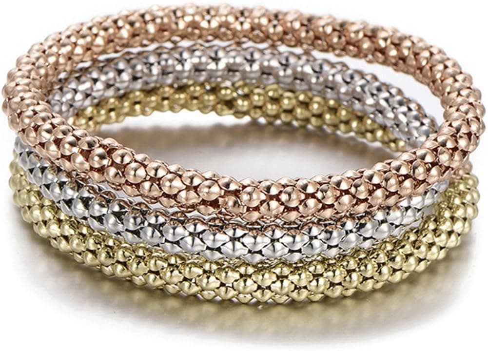 PORPI-JOJO 3PCS Gold Silver Rose Gold Tone Corn Chain Stretch Bracelets with Charms Multi Layer Bracelet for Women Girls
