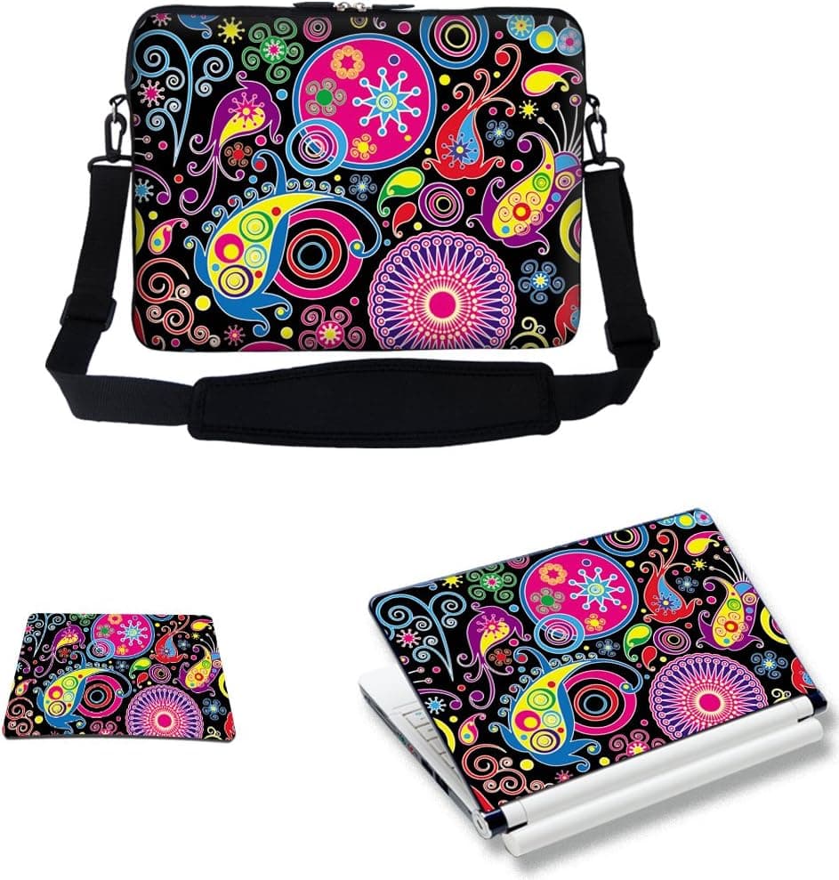 Meffort Inc 15 15.6 inch Laptop Carrying Sleeve Bag Case with Hidden Handle & Adjustable Shoulder Strap with Matching Skin Sticker and Mouse Pad Combo - Art Design