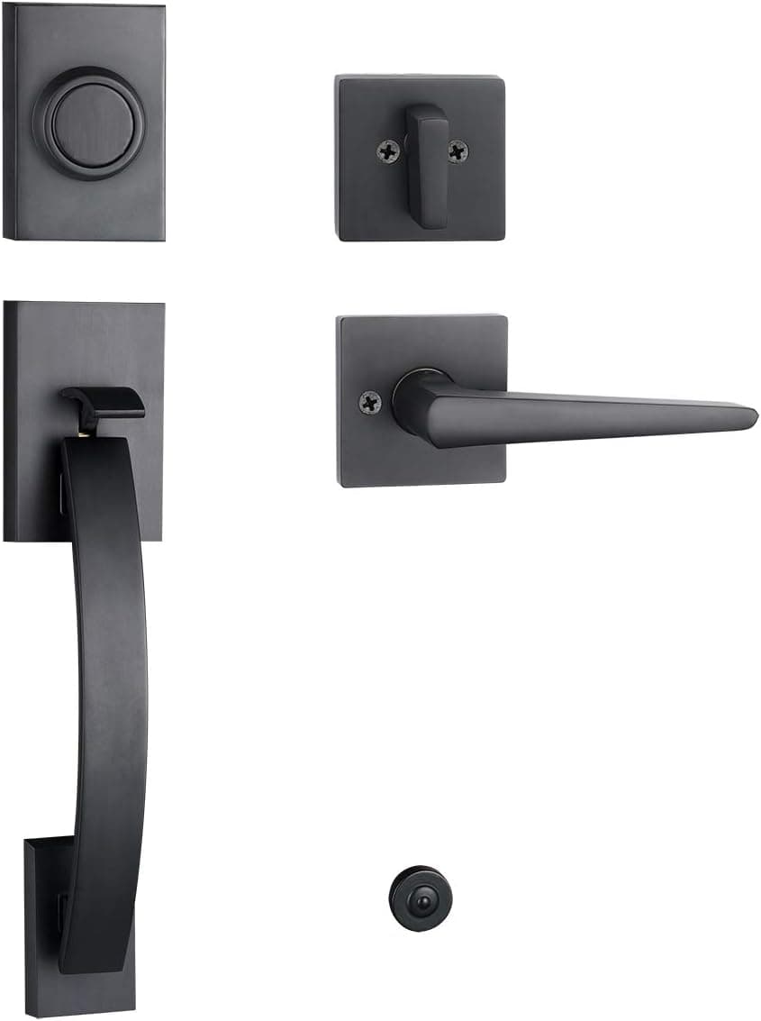 TMC Black Dummy Handleset，Front Door inactive Entry Handleset Reversible for Right and Left Handed,with Single Cylinder Deadolt in Matt Black,MDHST2017DB-D-AMZ