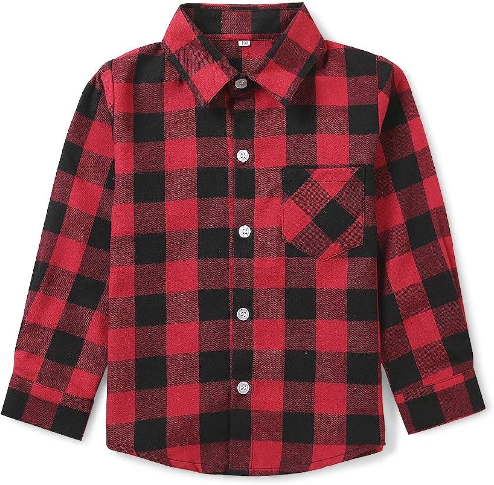 OCHENTA Boys' Button Down Flannel Plaid Shirt, Little Big Kids Long Sleeve Tops E001 Red Black Tag 160CM - 9-10 Years