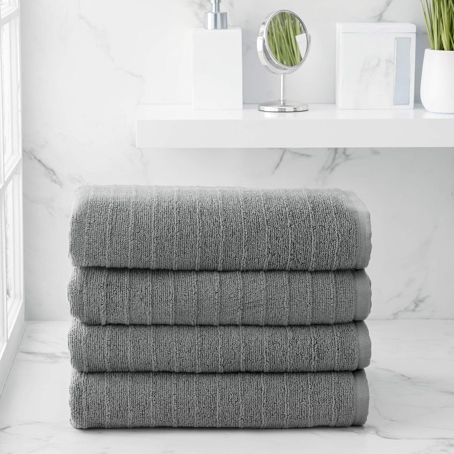 Welhome James | 4 Piece Bath Towels | Stripe Textured Gray Bathroom Towels | Soft & Absorbent Towels for Bathroom | Quick Dry Towels | 100% Cotton Bath Towels