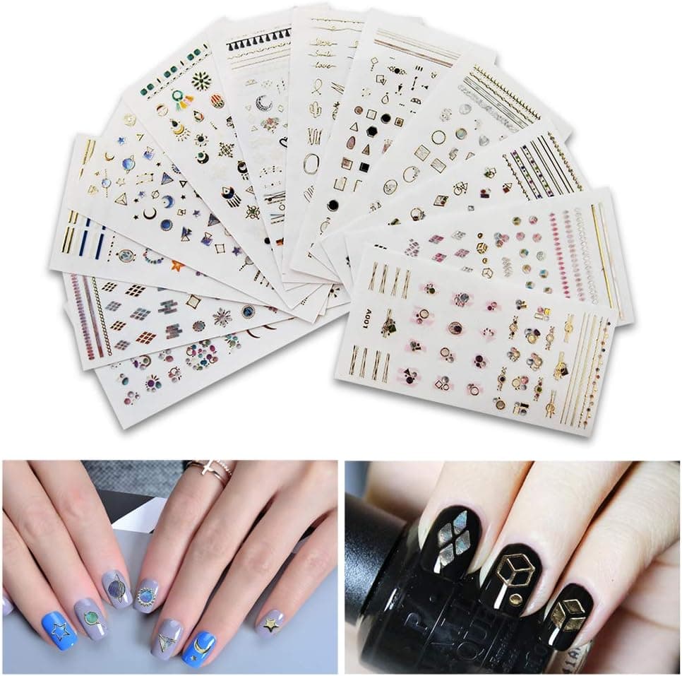 Fanme 12 Sheets Nail Jewels Art Stickers Decals 3D Self-adhesive Nail Tip Rhinestones Beads Gems Decoration Gold Silver Line DIY Adhesive Manicure Accessories (Gem Stickers)