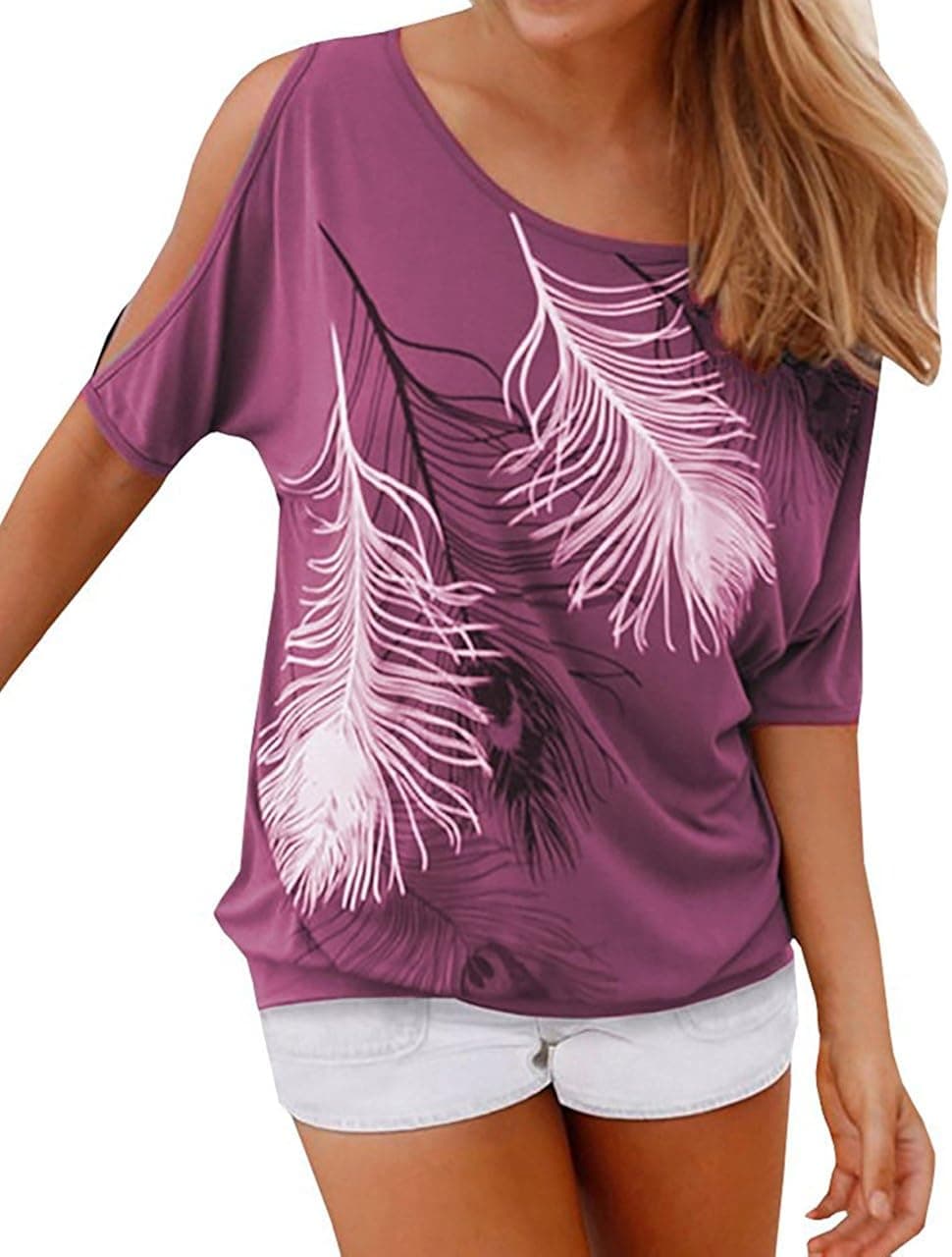Relipop Women's Fashion Feather Print Off Shoulder Tops Short Sleeve Blouse Casual T-Shirt