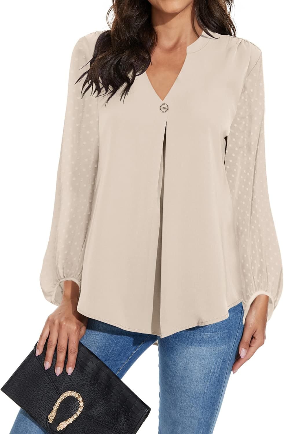 BETTE BOUTIK Womens V Neck Chiffon Blouses Jacquard Lantern Sleeve Button Down Shirts Workwear Tunics Loose Fit Tops S-3XL