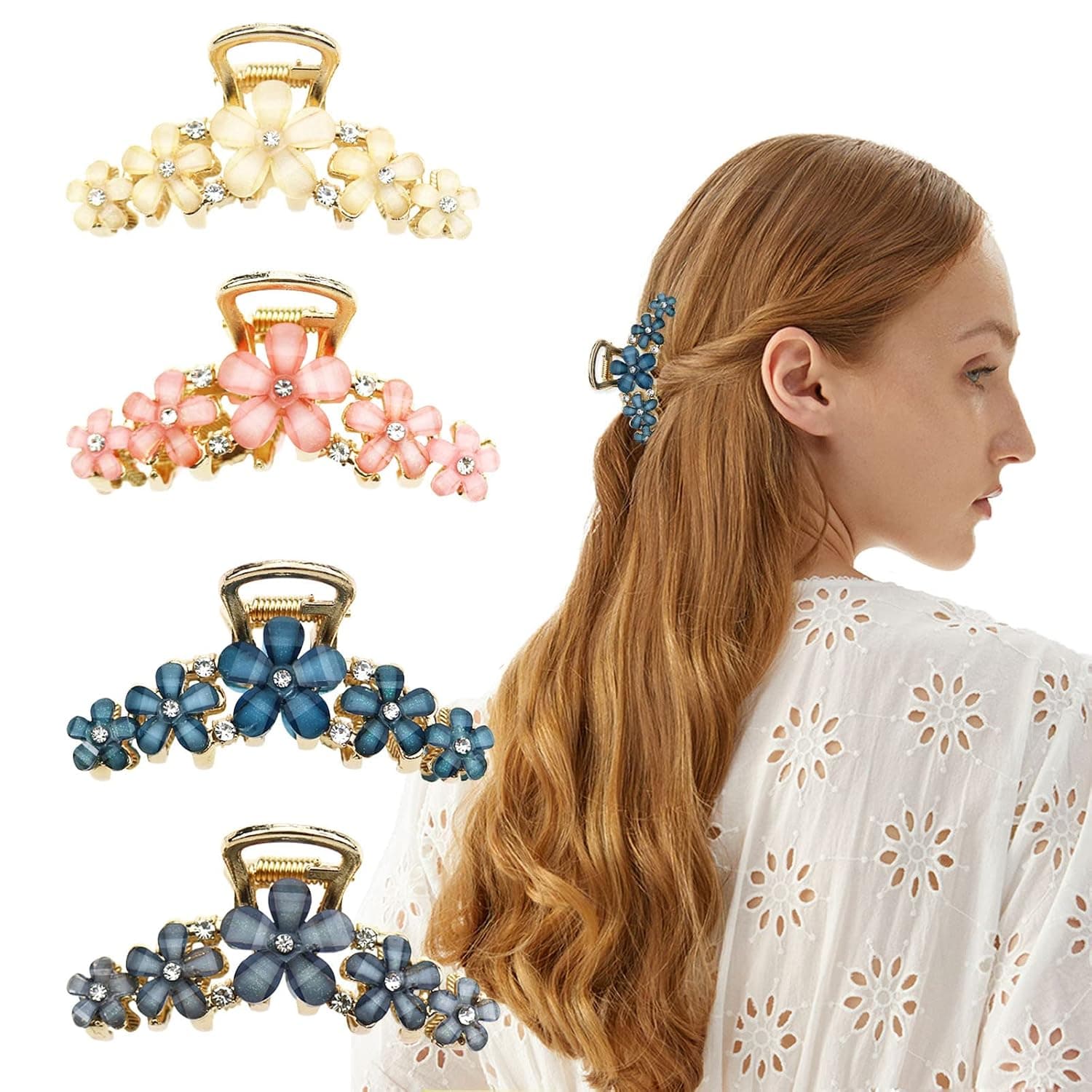4 PACK Crystal Flower Metal Hair Claw Clips Fashion Sparkly Glitter Rhinestones Hair Barrettes Hairpin Strong Hold Styling Hair Accessories for Women Girls