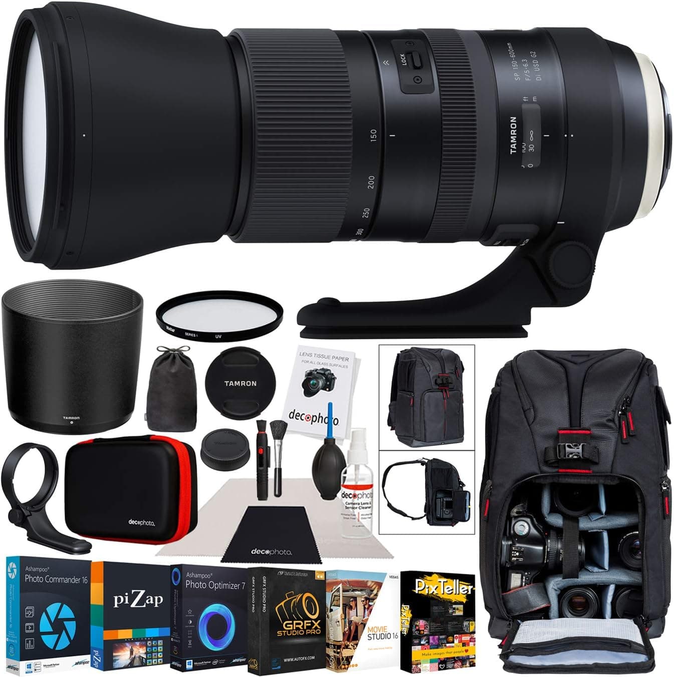Tamron SP 150-600mm F/5-6.3 Di VC USD G2 Zoom Lens A022 for Nikon F-Mount Full Frame FX and DX Format DSLR Bundle w/Deco Gear Backpack + Multicoated UV Filter + Photo Video Software Kit & Accessories