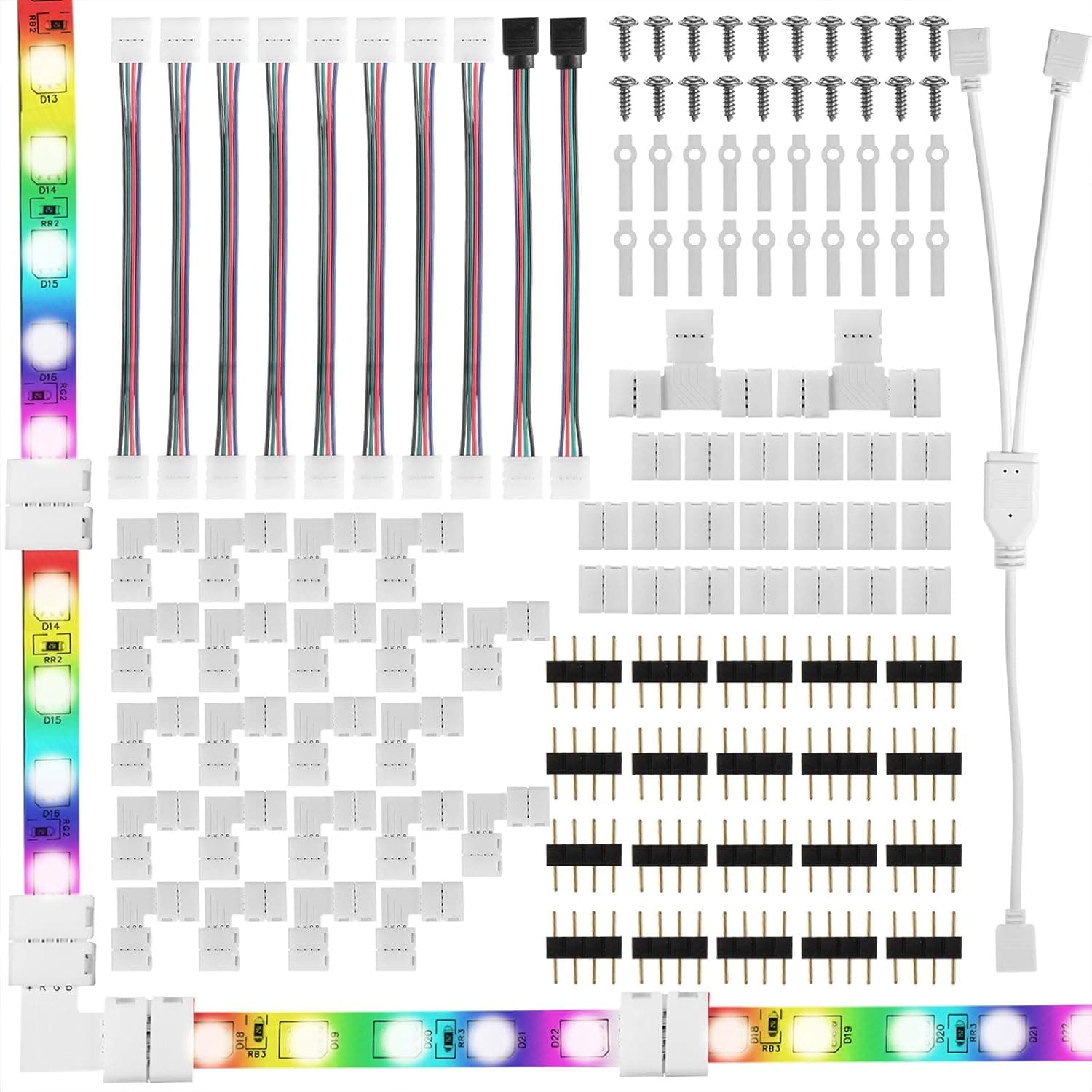 115 Pieces LED Strip Connector Kit for 5050 10 mm 4 Pin RGB LED Light Connectors Kit Light Connector Adapters Including Gapless Connectors L-Shape Connectors T-Shape Connectors LED Clips